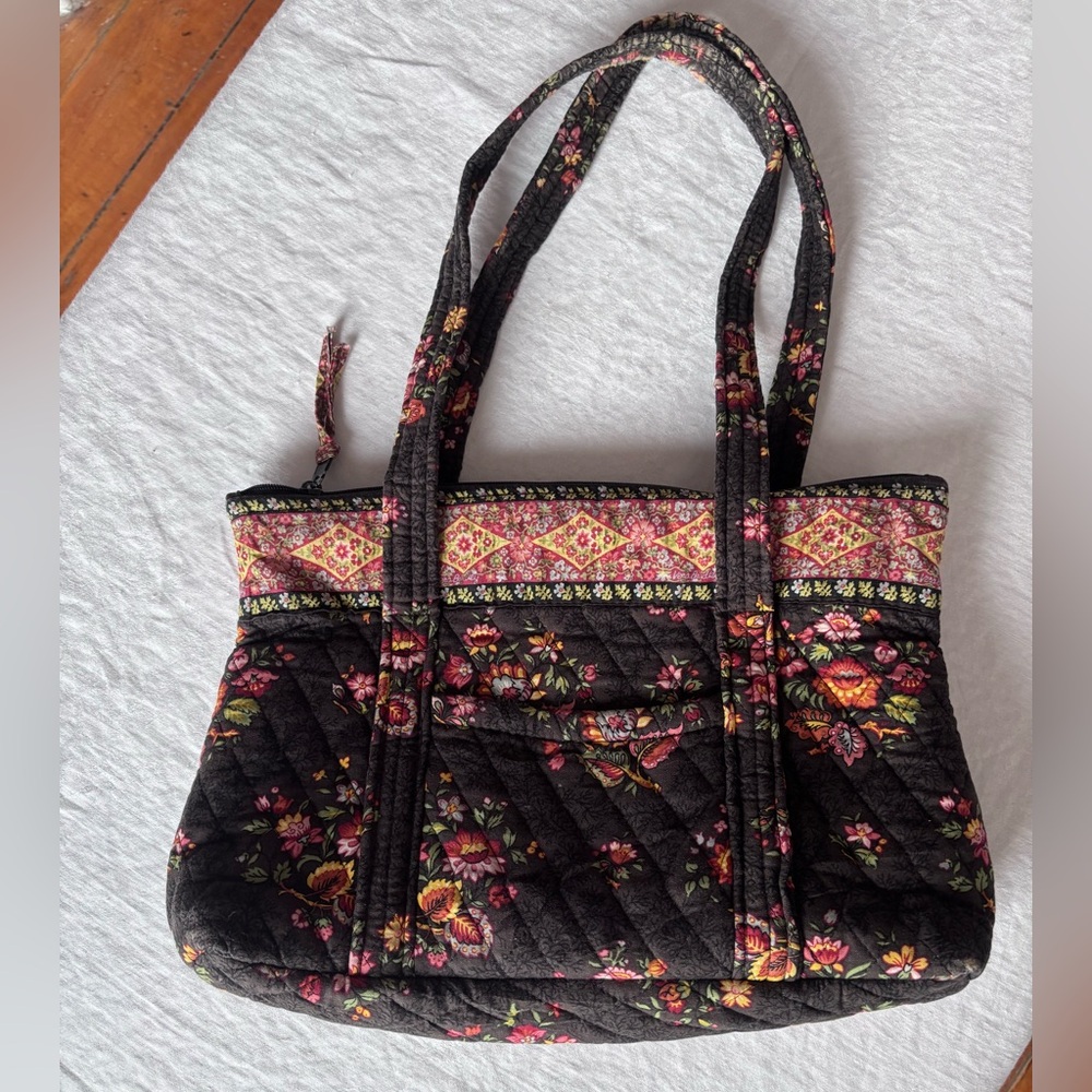 Quilted Floral Tote Bag in Black and Pink